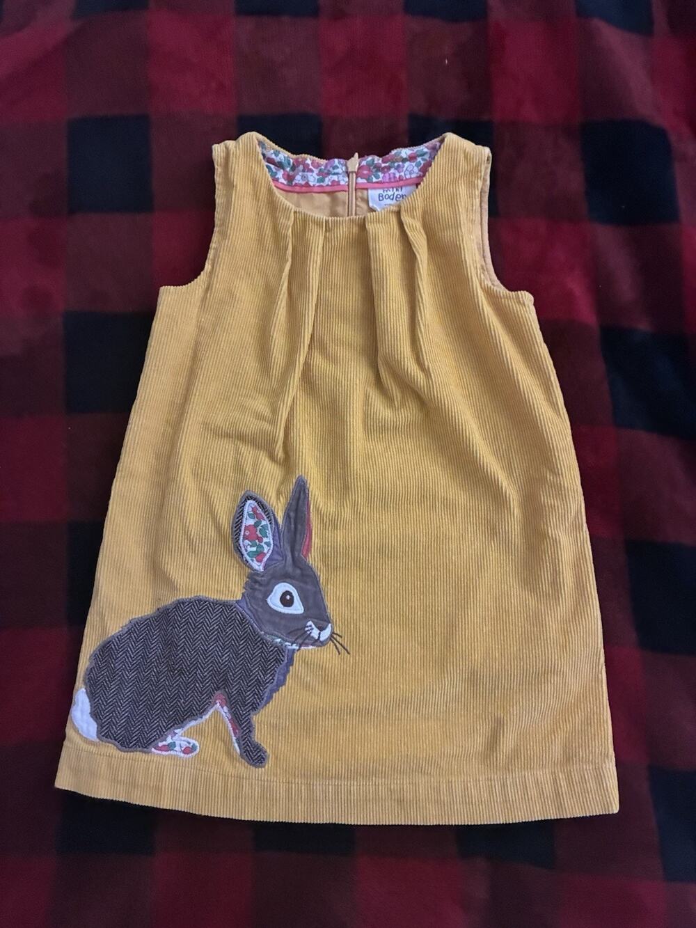 mini Boden Girls Yellow Mustard Corduroy Bunny Appliqué Shift Dress Zip 3-4Y